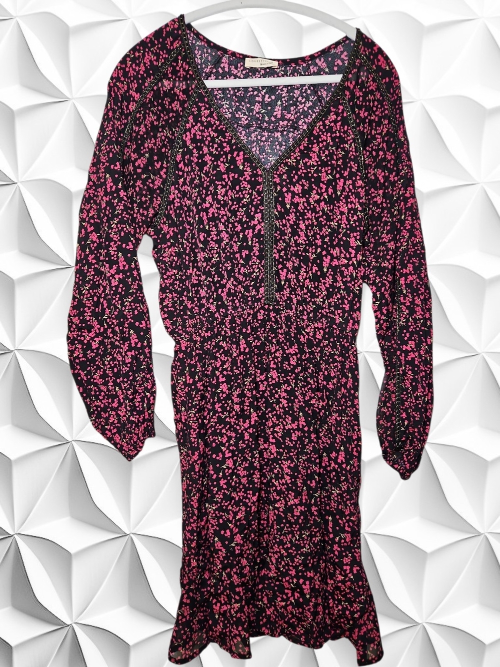 Lovestitch Floral Long Sleeve V-Neck Boho Dress M Black Pink & Gold Crochet Trim